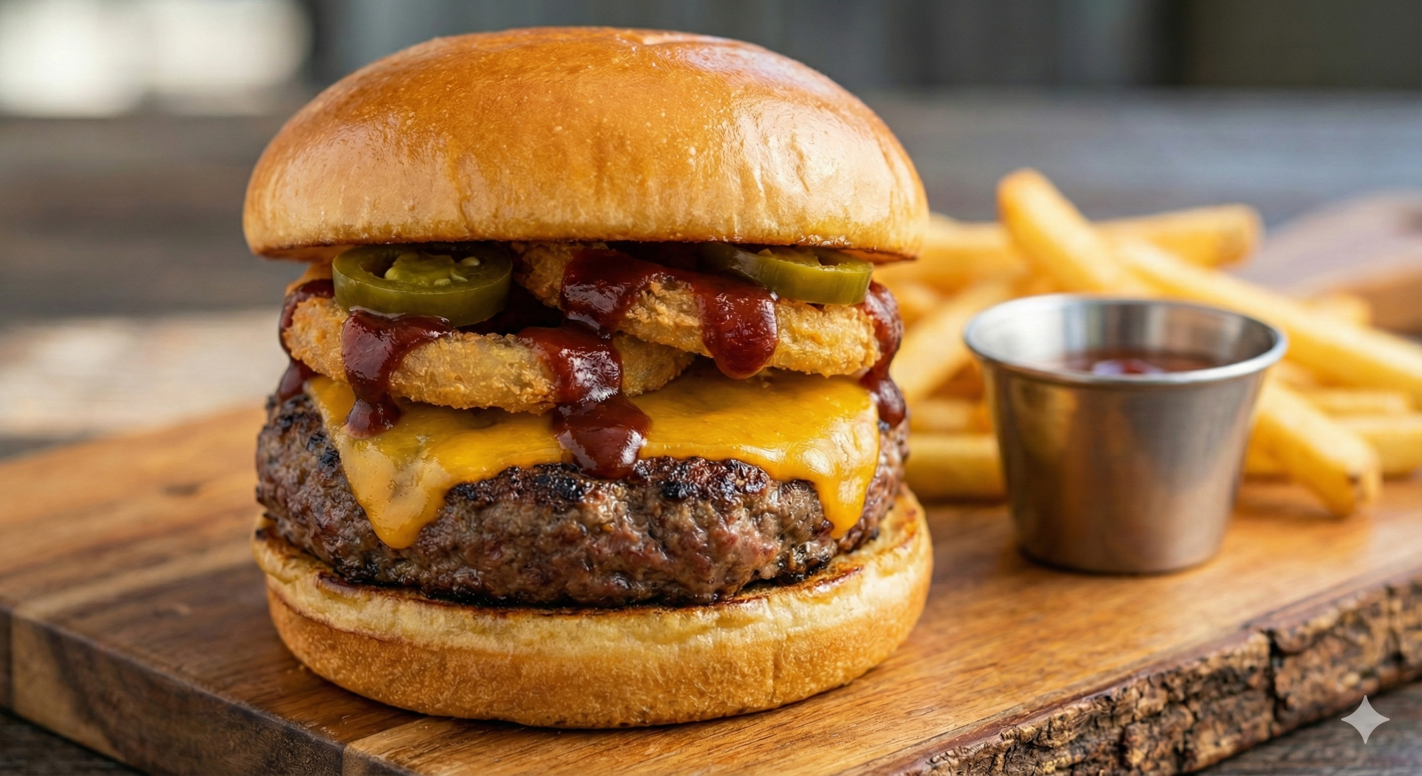 Western Burger with onion rings and bbq